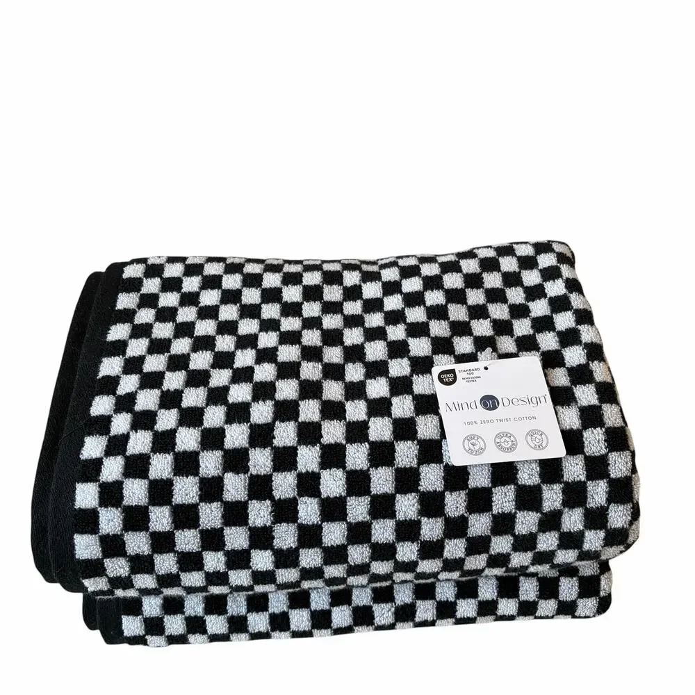 6pc Chic Black & White Checkered Towel Set- 2 Bath Towels 4 Washcloths Cotton
